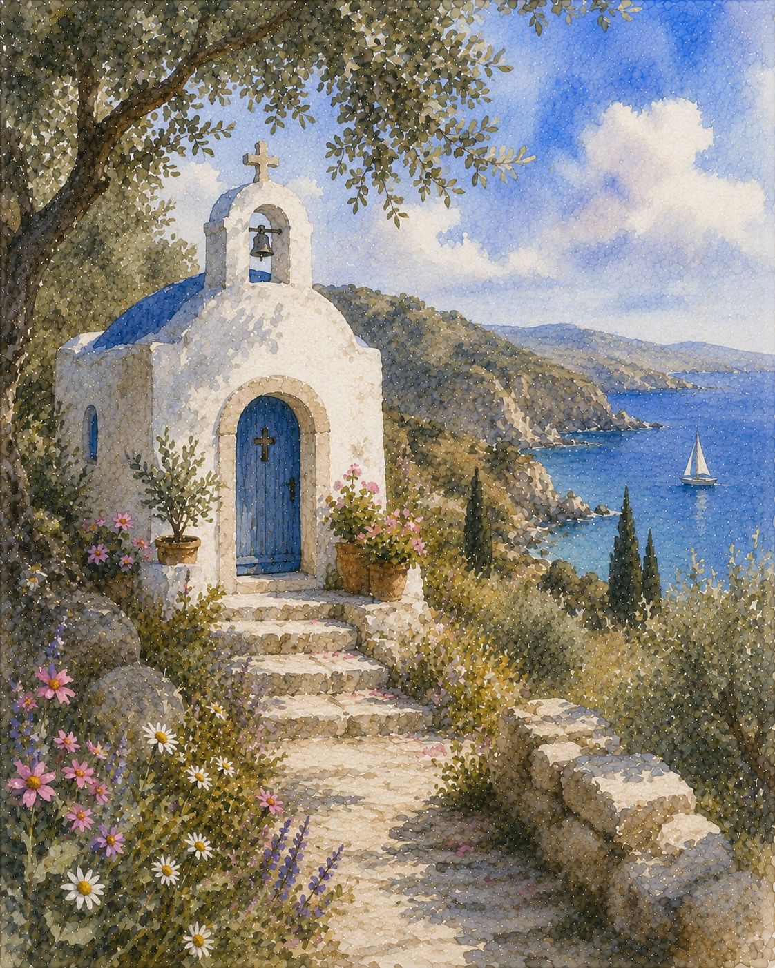 Little Church by Coastline Watercolor Print